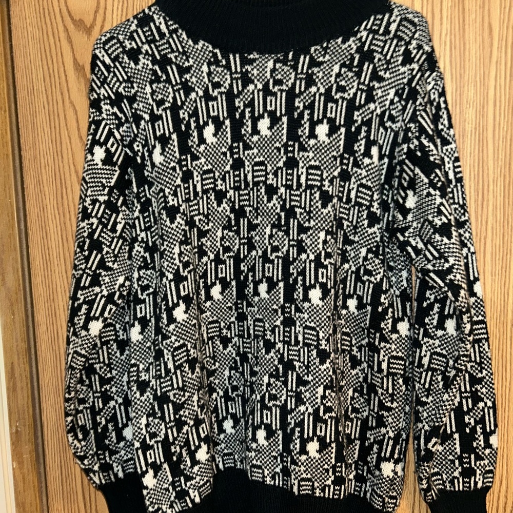 Black and White Cowl Neck Sweater with Geometric Patterns